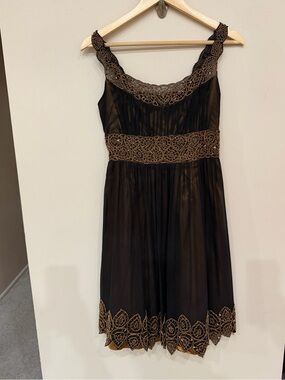 Adrianna Papell Evening Dress Womens Size 10 Silk Beaded Black Gold Fairy Grunge